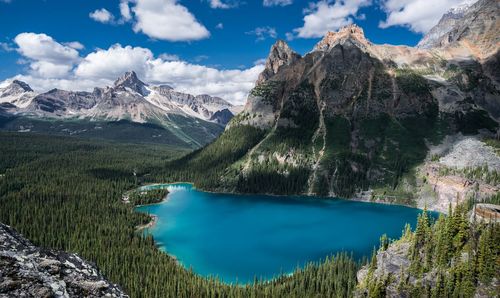 Panoramic view of lake and mountains against sky