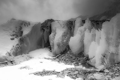 Panoramic shot of snow covered land and mountains