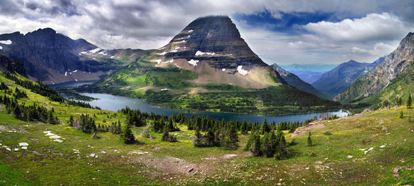 Scenic view of lake and mountains against sky