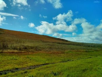 Scenic view of grassy field against cloudy sky