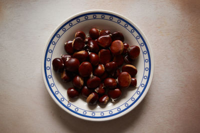 High angle view of fruits in bowl on table