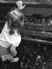 High angle view of girl looking through wooden railing