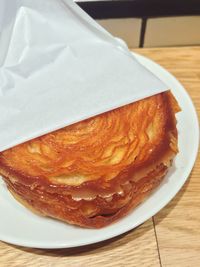 High angle view of cake in plate on table