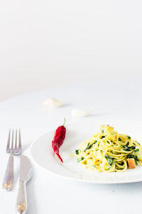 Close-up of pasta in plate against white background