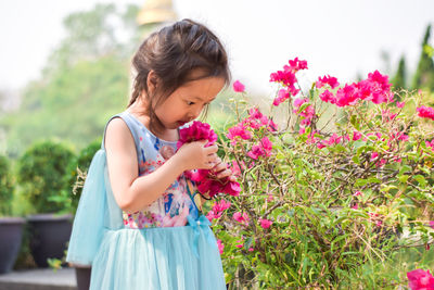 Little girl sniffing the scent of bougainvillea flowers