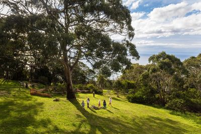 High angle view of girls playing in park