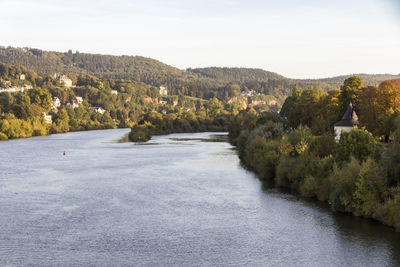 Scenic view of river amidst trees against sky