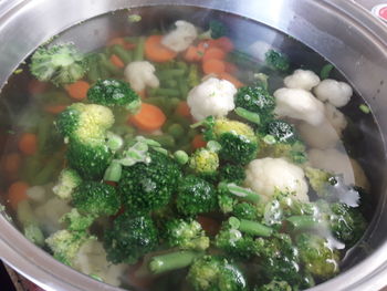 High angle view of chopped vegetables in bowl