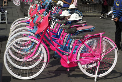 View of bicycles parked on street