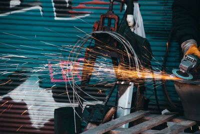 Close-up of metal being welded in factory