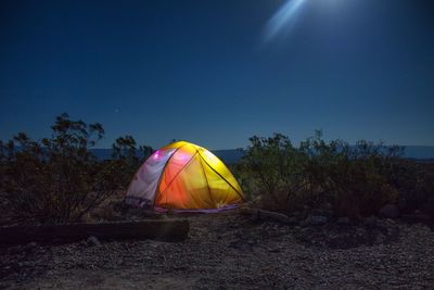 Illuminated tent by trees on field against sky at dusk