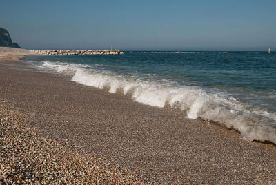 Scenic view of beach against clear sky