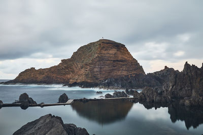 Panoramic view of rock formations in sea against sky