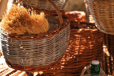 High angle view of wicker basket on table