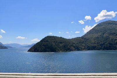 Scenic view of sea and mountains against sky