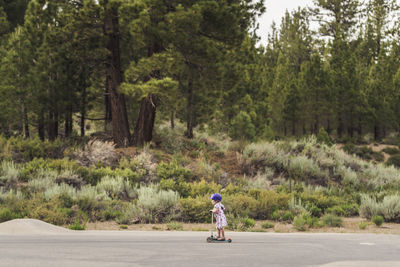 Side view of baby girl riding push scooter on road against trees in park