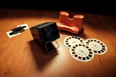 High angle view of telephone on table