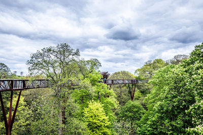 Train on bridge against sky
