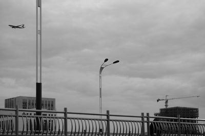 Seagull flying over street against sky