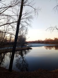 Scenic view of lake against sky at sunset