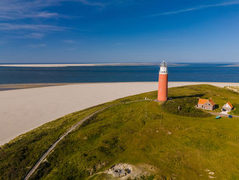 Lighthouse by sea against sky