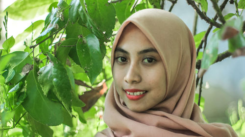 Close-up of portrait of young woman in hijab