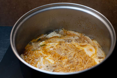 High angle view of soup in bowl