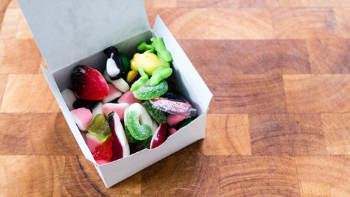 High angle view of chopped vegetables on table