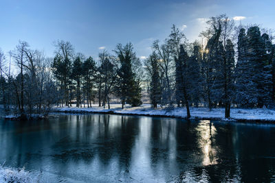 Scenic view of lake against sky during winter