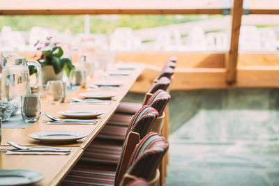 High angle view of chairs and table