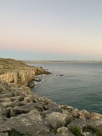 Scenic view of sea against clear sky during sunset