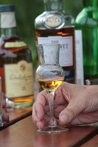 Midsection of person holding wine glass on table