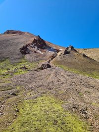 Scenic view of mountains against clear blue sky