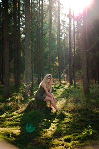 Portrait of woman sitting on land in forest