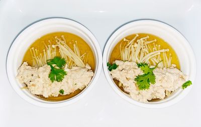 High angle view of meal served on table