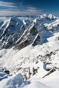 Aerial view of snow covered mountains against sky. view from lomnica, tatra mountains, poland