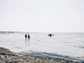 People walking on beach against clear sky