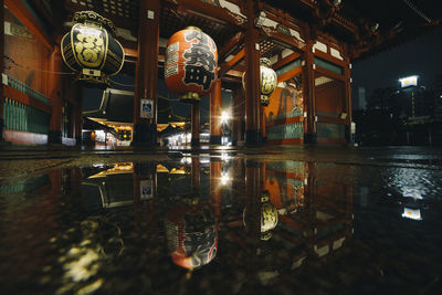 Reflection of lanterns on puddle in city at night