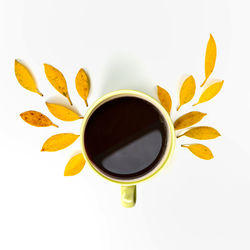 Directly above shot of coffee cup against white background