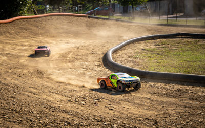 High angle view of toy car on sand