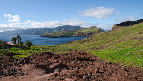 Scenic view of bay against sky