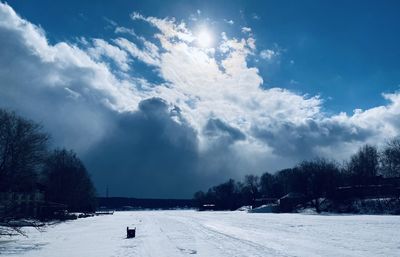 Snow covered landscape against sky