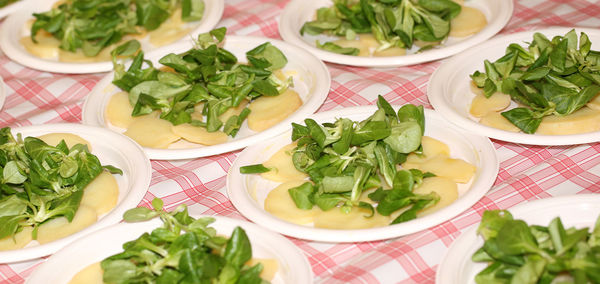 High angle view of salad in plate on table