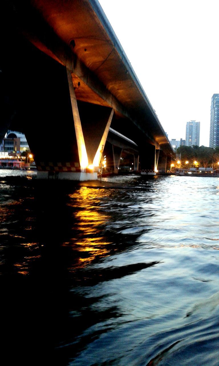 water, architecture, built structure, building exterior, waterfront, illuminated, city, reflection, river, transportation, rippled, night, clear sky, canal, bridge - man made structure, mode of transport, nautical vessel, outdoors, sky, building