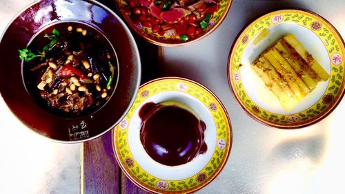 High angle view of tea in bowl on table