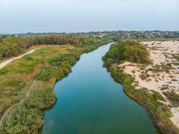 High angle view of land against clear sky