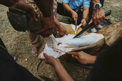 Men cutting meat on field