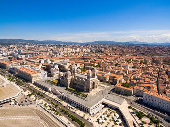 High angle view of buildings in city