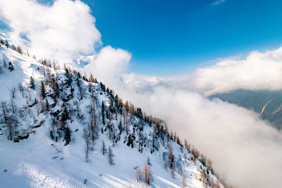 Scenic view of snow covered mountains against sky