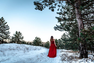 Woman standing on snow covered land